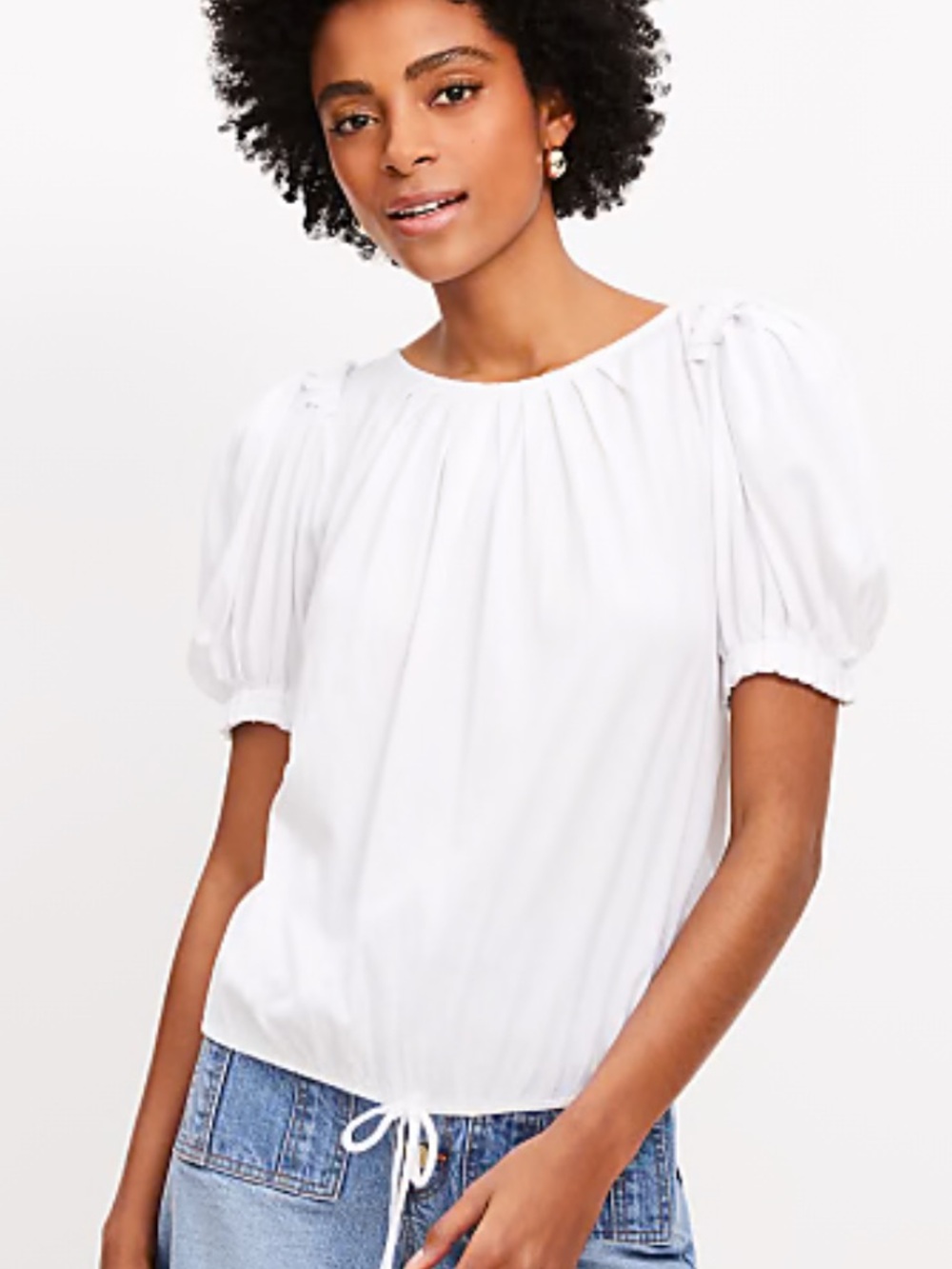 LOFT White Pleated Tie Puff Sleeve Top Size S NWT
